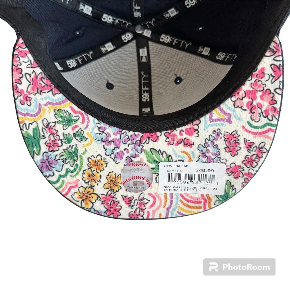 New Houston Astros Watercolor Floral 59FIFTY Fitted Baseball Hat Size 7 3/4 - Picture 2 of 5